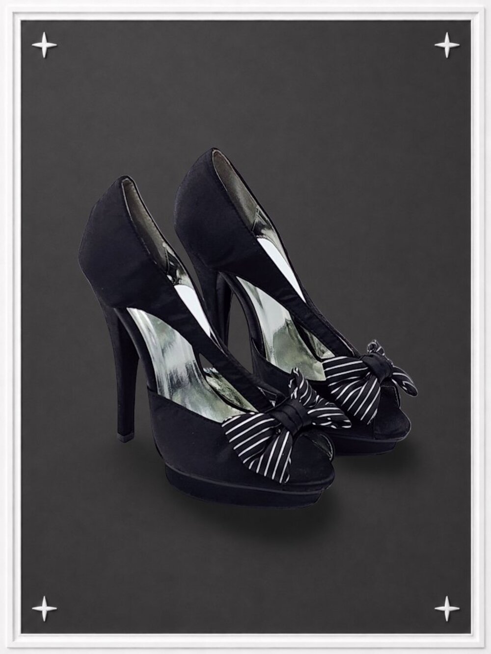 Vintage Y2K Deadstock! Black/Silver Striped Bow Peep-Toe Stilettos | Women's 6.5